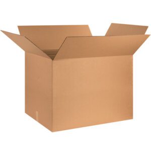 A large MH-USA 32 x 24 x 24 corrugated box with flaps extended outward is displayed against a white background, highlighting its sturdy construction.
