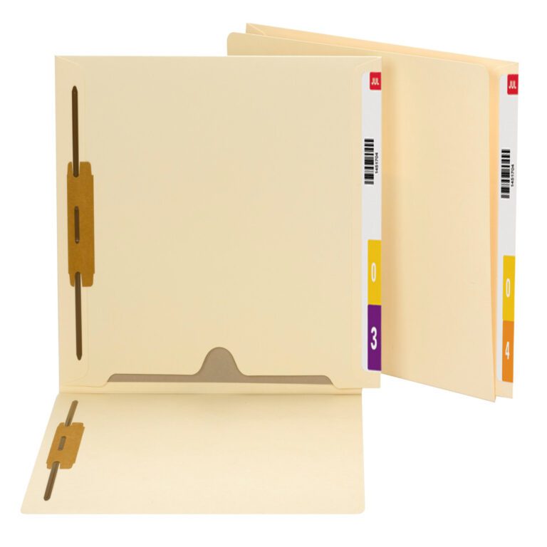 34101L.jpg The image shows two Smead End Tab Fastener File Folders (34101) in beige. Each letter-size folder features colored numerical tabs: 03 with purple and yellow, and 04 with orange and yellow, displaying a total of 2 fasteners for secure organization. Despite being open, the folders remain securely fastened.