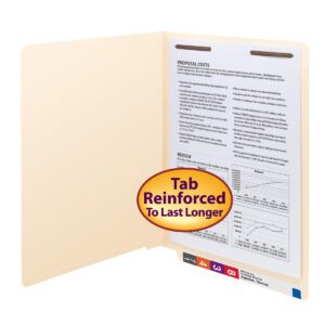 A Smead End Tab Fastener File Folder (Shelf-Master? Reinforced Straight-Cut Tab, Letter Size) holds a document titled Proposal Costs, labeled Tab Reinforced to Last Longer, with text and graphs. The bottom tabs are green, purple, and red.