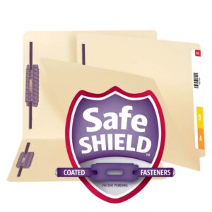 A beige Smead End Tab File Folder (Letter Size) with purple SafeSHIELD Fasteners is slightly open, displaying its multiple fasteners. The text Safe Shield Coated Fasteners Patent Pending appears on the shield-shaped logo in front.