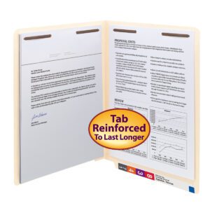Open the Smead WaterShed/CutLess End Tab Fastener Folder with two secured documents inside. The manila folder has a reinforced straight-cut tab for durability. A round sticker states, Tab Reinforced To Last Longer. It contains text and graphs, 50 per box (34130).