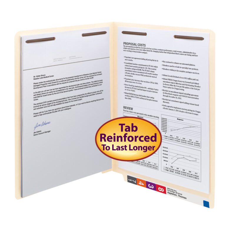 Open the Smead WaterShed/CutLess End Tab Fastener Folder with two secured documents inside. The manila folder has a reinforced straight-cut tab for durability. A round sticker states, Tab Reinforced To Last Longer. It contains text and graphs, 50 per box (34130).