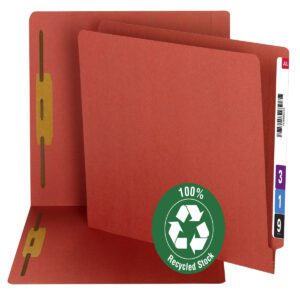 The red Smead 100% Recycled End Tab Fastener File Folder (34171) is displayed open, revealing its interior and reinforced straight-cut tab with colored labels. A circular green badge reads 100% Recycled Stock, featuring a recycling symbol to emphasize its eco-friendly nature.