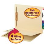 The Smead End Tab Fastener File Folder, Manila (34220), has a reinforced straight-cut tab and features two fasteners, one divider, four filing surfaces, and labels numbered 3, 1, 6 with a side barcode. It reads Reinforced To Last Longer, perfect for organizing with style and durability.