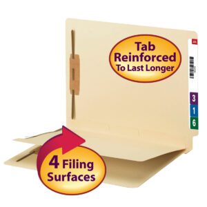 The Smead End Tab Fastener File Folder, Manila (34220), has a reinforced straight-cut tab and features two fasteners, one divider, four filing surfaces, and labels numbered 3, 1, 6 with a side barcode. It reads Reinforced To Last Longer, perfect for organizing with style and durability.
