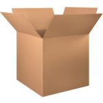 The MH-USA 34 x 34 x 34 Corrugated Boxes (5/Bundle) stand upright with flaps open, displaying their classic brown texture.