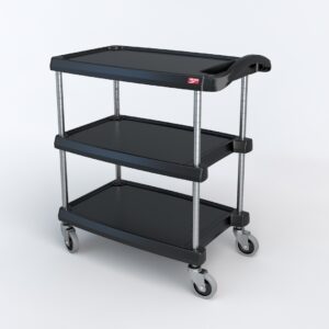 A black, three-tier utility cart with metal supports and four wheels is shown on a plain white background. The cart has a handle on one end and appears sturdy and mobile, suitable for transporting items in various settings.
