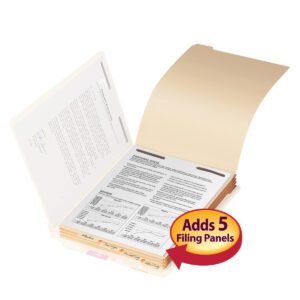 The Smead Folder Divider with Fastener, featuring a bottom 1/5-cut tab, holds multiple beige panels for documents. A red and yellow label reads Adds 5 Filing Panels, making it ideal for organizing letter-size papers efficiently. Comes in a manila finish, 50 per pack (35600).