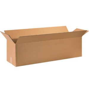 An empty MH-USA 36 x 10 x 10 long corrugated box with extended flaps rests against a plain white background.