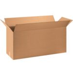 An open brown cardboard box featuring the simple corrugated texture of the MH-USA 36 x 12 x 16 Corrugated Boxes (15/Bundle) sits against a white background, highlighting its empty, rectangular shape.