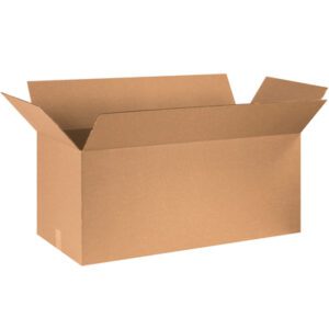 An MH-USA 36 x 16 x 16 corrugated box from a 15-bundle set stands open with flaps extended against a plain white background, emphasizing its generous size and sturdy build.