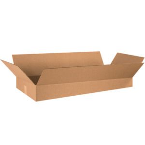 An open cardboard box with flaps extended is visible against a white background. The empty MH-USA 36 x 16 x 5 flat corrugated box showcases its brown color and texture prominently.