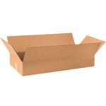 An MH-USA 36 x 18 x 6 flat corrugated box with extended flaps stands open and empty against a white background.