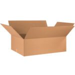 An empty, open MH-USA 36 x 24 x 12 corrugated box with flared-out top flaps stands against a white background, reflecting its versatile use for storage and shipping. Sold in bundles of ten.