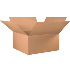 A brown MH-USA 36 x 36 x 18 corrugated box with open flaps and a robust design is displayed at a slight angle against a white background. Its available in bundles of five.