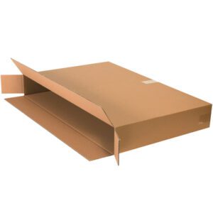 A partially open, large, flat brown cardboard box resembling the MH-USA 36 x 5 x 24 Side Loading Boxes (20/Bundle) lies on its side against a white background.