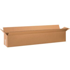 The MH-USA 36 x 6 x 6 Long Corrugated Boxes (25/Bundle), a long rectangular cardboard box with open flaps, rests against a plain white background.