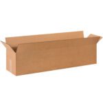A MH-USA 36 x 8 x 8 long corrugated box with flaps stands empty against a white background, crafted from sturdy brown material and part of a 25/bundle set.