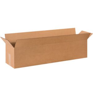 A MH-USA 36 x 8 x 8 long corrugated box with flaps stands empty against a white background, crafted from sturdy brown material and part of a 25/bundle set.