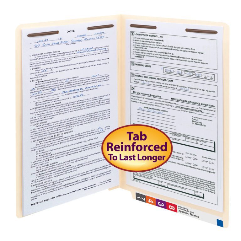 Open Smead End Tab Fastener File Folder (37115) in manila, with forms inside and a yellow sticker reading Tab Reinforced To Last Longer. Color-coded index tabs are at the bottom. It features reinforced straight-cut tabs and 2 fasteners; 50 per box.
