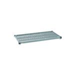 The MetroMax Q MQ2448G Plastic Industrial Shelf with Grid Mat, measuring 24 x 48, features a grid-like pattern and reinforced edges. It rests flat on a white background, highlighting its durable design and corner brackets for stability.