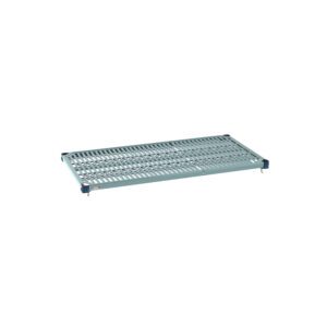 The MetroMax Q MQ2448G Plastic Industrial Shelf with Grid Mat, measuring 24 x 48, features a grid-like pattern and reinforced edges. It rests flat on a white background, highlighting its durable design and corner brackets for stability.