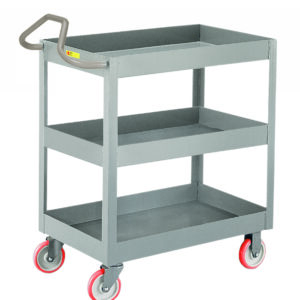 The gray utility cart resembles the Little Giant 3-Inch Deep Shelf Truck with Ergonomic Handle, featuring red wheels. Made of metal, it has three tiers, including two shelves beneath the top surface for convenient storage.