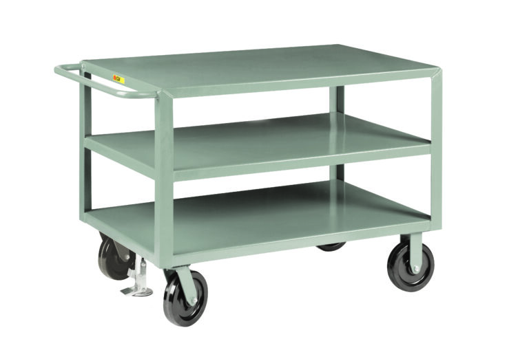 The Little Giant Extra-Heavy Duty Shelf Truck - Enhanced 2016 Model is a gray metal utility cart with three shelves, four black wheels including a lockable front wheel, and a handlebar for easy maneuvering.