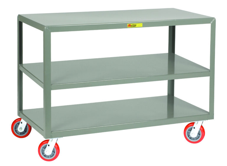 The Little Giant Mobile Tables - 3 Shelf utility cart features a robust gray metal frame with three tiers and red swivel casters, making it ideal for transporting items effortlessly.