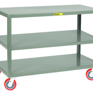 The Little Giant Mobile Tables - 3 Shelf utility cart features a robust gray metal frame with three tiers and red swivel casters, making it ideal for transporting items effortlessly.