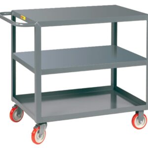 The Little Giant Welded Service Cart, with its sturdy gray design and two open shelves, features a handle and four red and gray swivel wheels for easy mobility, making it perfect for transporting items in industrial or office environments.