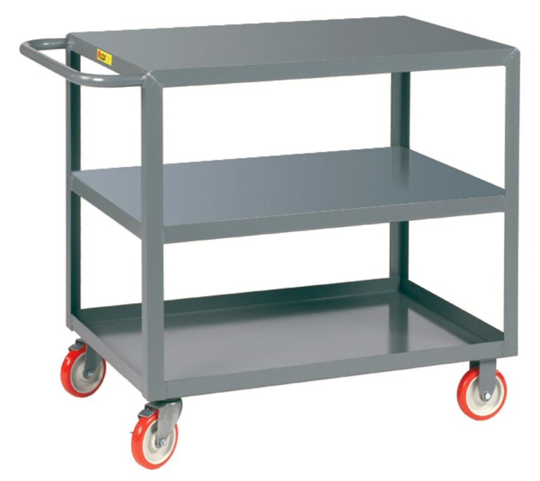 The Little Giant Welded Service Cart, with its sturdy gray design and two open shelves, features a handle and four red and gray swivel wheels for easy mobility, making it perfect for transporting items in industrial or office environments.