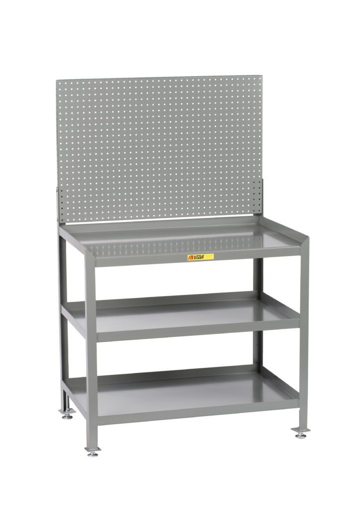 The Little Giant Stationary Steel Workstation, a gray metal unit with a perforated back panel for tool hanging, features three flat shelves and adjustable feet. This sturdy workstation is ideal for any garage or workshop.
