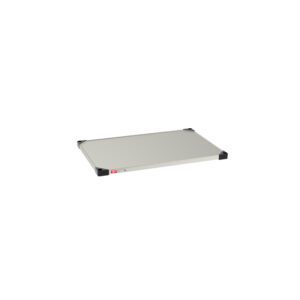 A 24 x 36 rectangular, light gray table with black corner protectors and a red label on one side, resembling the Metro 2436FS Super Erecta Solid Shelf in stainless steel, is set elegantly against a plain white background.