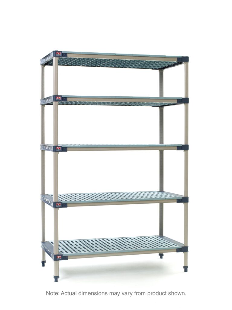 The MetroMax 4 5X557G4 Shelving Unit features a stylish gray frame with black accents and five adjustable slatted shelves, sized at 24 x 48 x 74, standing elegantly against a white background for style and practicality.