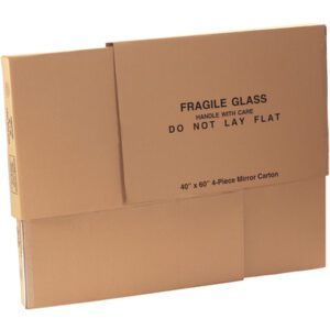 A rectangular cardboard box labeled FRAGILE GLASS HANDLE WITH CARE DO NOT LAY FLAT stands upright, described as part of the MH-USA collection. It measures 40 x 3 1/2 x 60 and is one piece of the 40 x 60 4-piece mirror boxes (4/240), designed to protect fragile items.