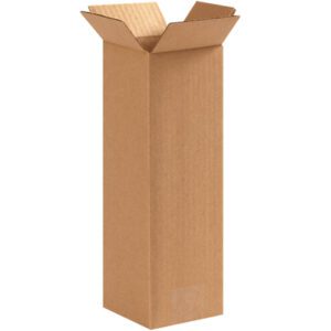 The MH-USA 4 x 4 x 12 Tall Corrugated Box, sold in bundles of 25, stands upright with slightly spread flaps, showcasing its plain brown corrugated texture. Its ideal for packaging or shipping taller items.