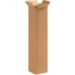 A tall MH-USA 4 x 4 x 18 corrugated box stands upright on a white background with flaps folded outward, showcasing its sturdy texture; part of the MH-USA Tall Corrugated Boxes set (25/Bundle).