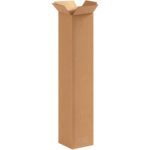 A MH-USA 4 x 4 x 20 Tall Corrugated Box stands upright with top flaps open against a white background, packaged in bundles of 25.