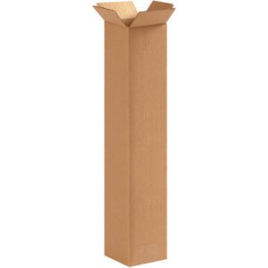A MH-USA 4 x 4 x 20 Tall Corrugated Box stands upright with top flaps open against a white background, packaged in bundles of 25.