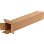 A long MH-USA 4 x 4 x 24 tall corrugated box, open with flaps extended outward at one end, lies on its side against a white background.