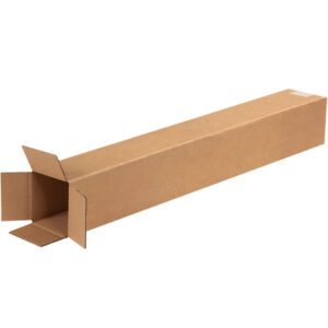 A long, rectangular brown MH-USA 4 x 4 x 28 tall corrugated box with one end open sits on a plain white background.