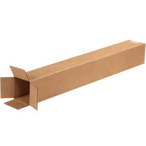 An open MH-USA 4 x 4 x 32 tall rectangular corrugated box, showcasing its empty interior with outward-folded sides against a white background.