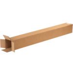 A long, open-flap MH-USA 4 x 4 x 36 tall corrugated cardboard box is on a white background. Available in bundles of 25, its perfect for packaging or shipping long items.