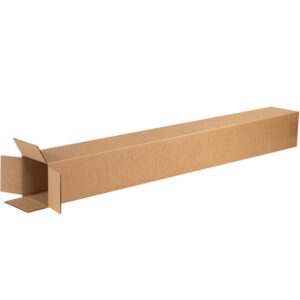 The MH-USA 4 x 4 x 38 tall corrugated box, part of a bundle of 25, rests horizontally with open flaps against a stark white background.