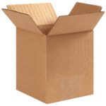 An MH-USA 4 x 4 x 6 Corrugated Box is upright with open flaps, revealing a spacious interior on a white background. Sold in bundles of 25, these boxes are ideal for securely packing and shipping small items.