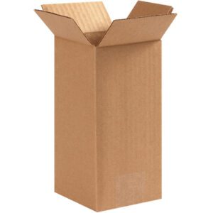 A tall MH-USA 4 x 4 x 8 corrugated box from a convenient 25-box bundle stands upright against a white background with its flaps unfolded, showcasing its brown texture and interior.