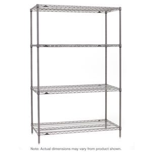 The Metro SE-186074K4-S-4 Super Erecta 4-Shelf Industrial Wire Shelving Starter Unit has adjustable shelves, boasts a sleek Metroseal Gray Epoxy finish, and measures 18 x 60 x 74, though actual dimensions may vary slightly.