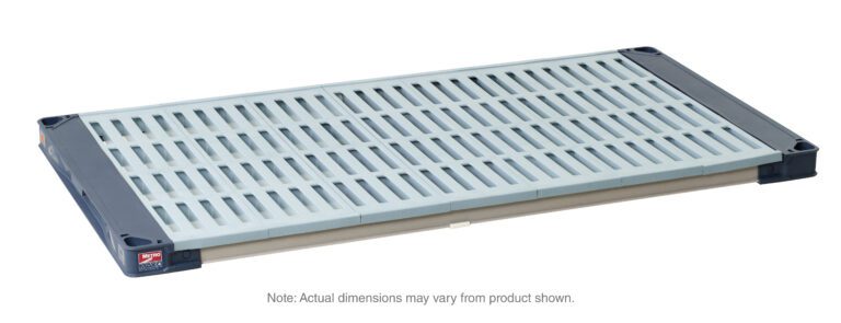 The MetroMax 4 MAX4-2430G Plastic Industrial Shelf with Grid Mat, measuring 24 x 30, features a plastic slatted floor with blue corner accents and gray nubs. Actual dimensions may vary slightly from the product shown.