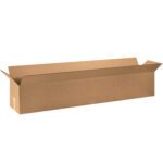 The MH-USA 48 x 10 x 10 Long Corrugated Box, open with flaps, lies horizontally on a plain white background. Its empty but sturdy and perfect for versatile storage or shipping needs.
